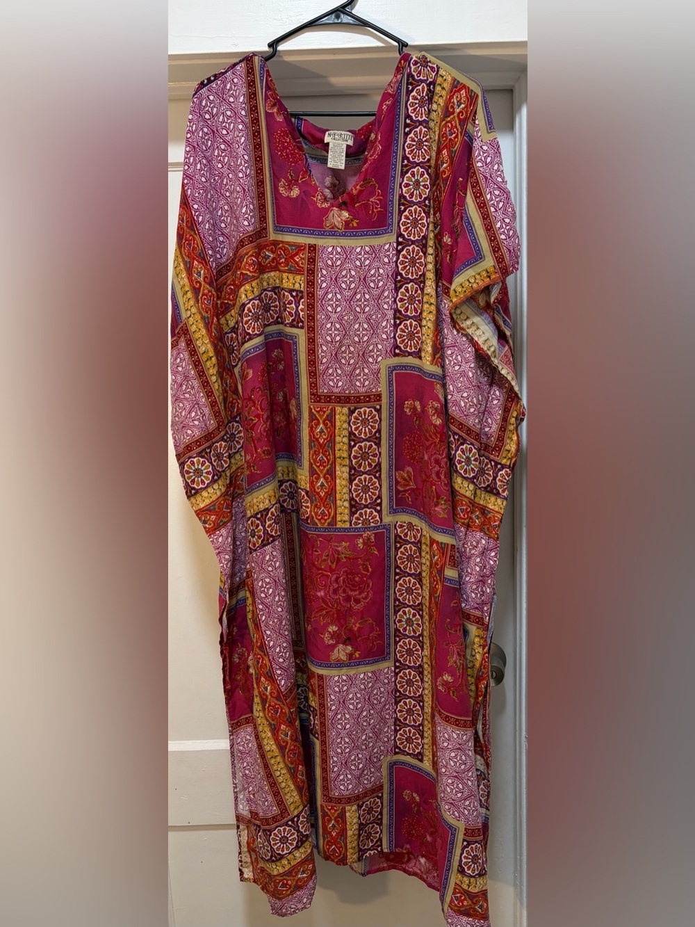 Vintage Nefertiti Collection Boho Patchwork Fuchsia Maxi Kaftan Dress V-Neck